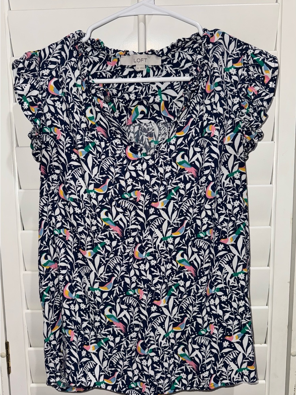 LOFT Navy Floral & Bird Print Cap Sleeve Top